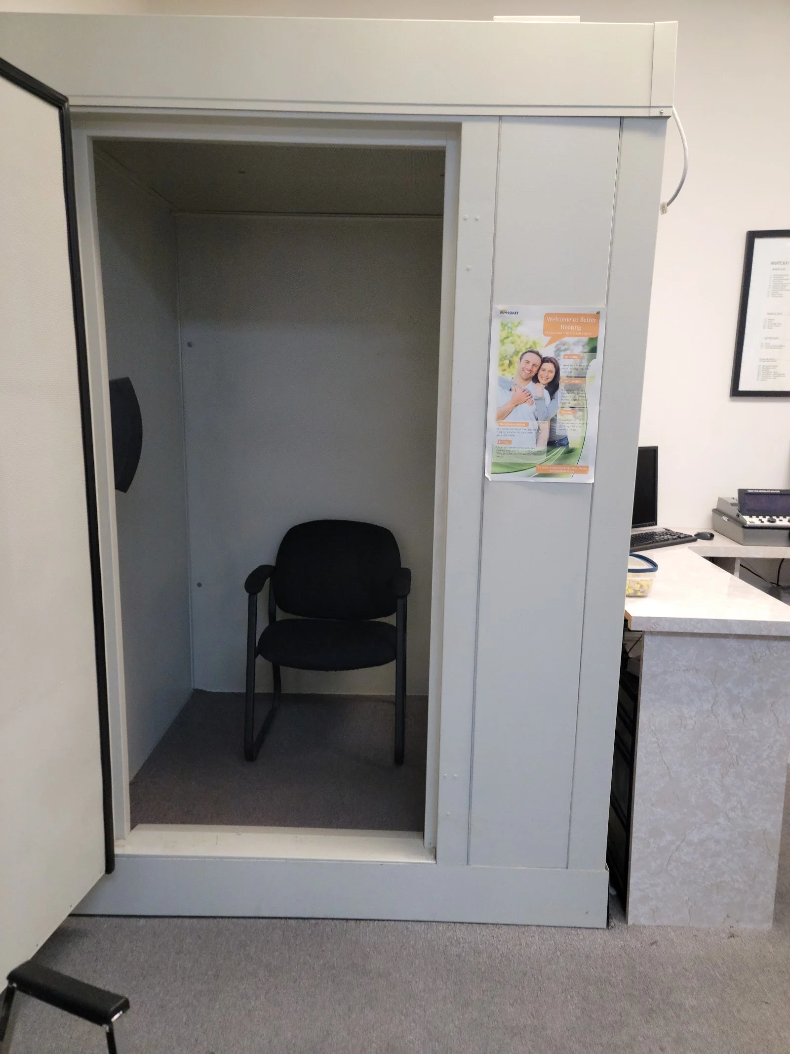 The soundproof audiometric test booth at Suncoast